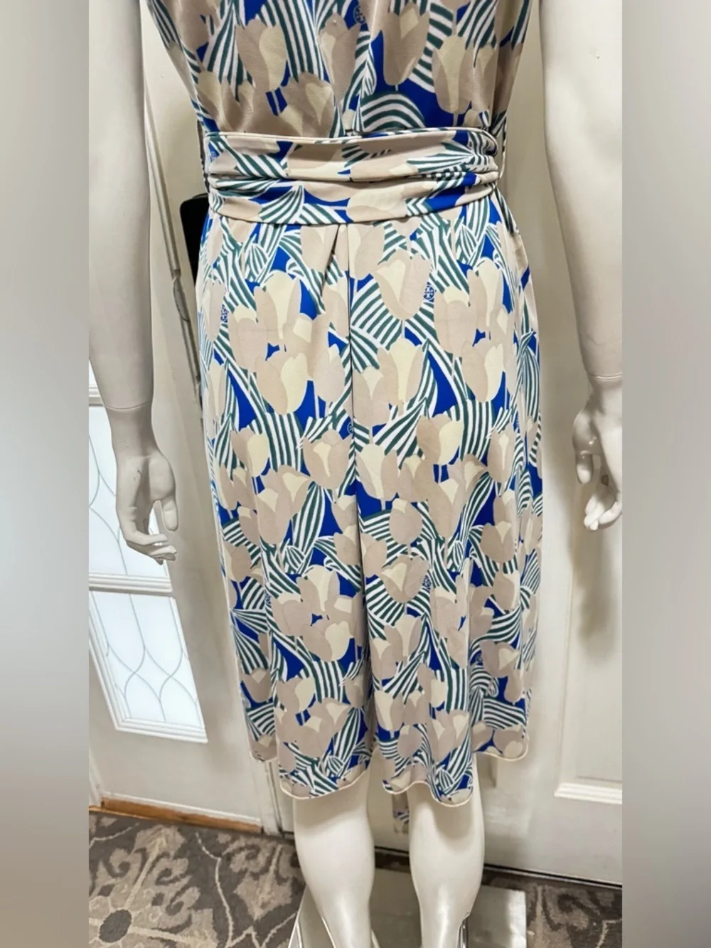 Tory Burch Blue & Beige Tulip Floral Maxi Dress with Self-Tie Waist Size Large